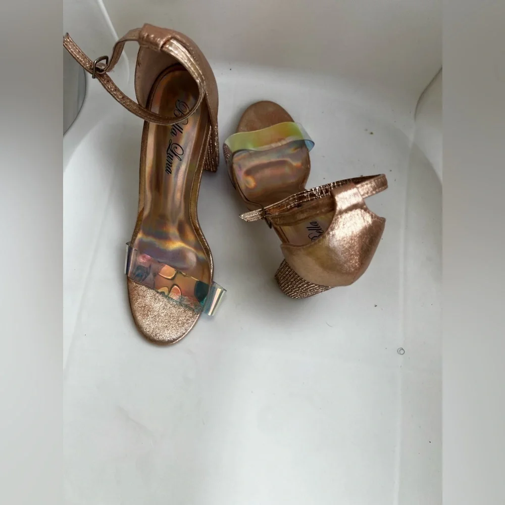 Bella Luna STAN Nude Champagne Bright Rhinestone Chunky Platform Mary Jane Heels
